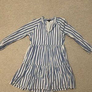 J. Crew Blue and White Striped Long Sleeve Tiered Dress
